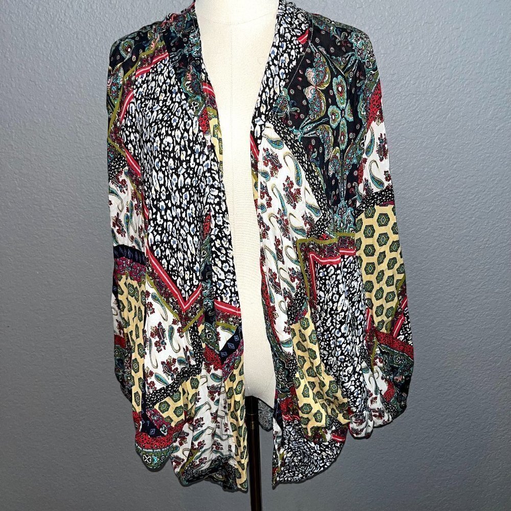 NIKKI ERIN Open Front Flowy Kimono Jacket - Patchwork Multi Color EUC -Size S/M